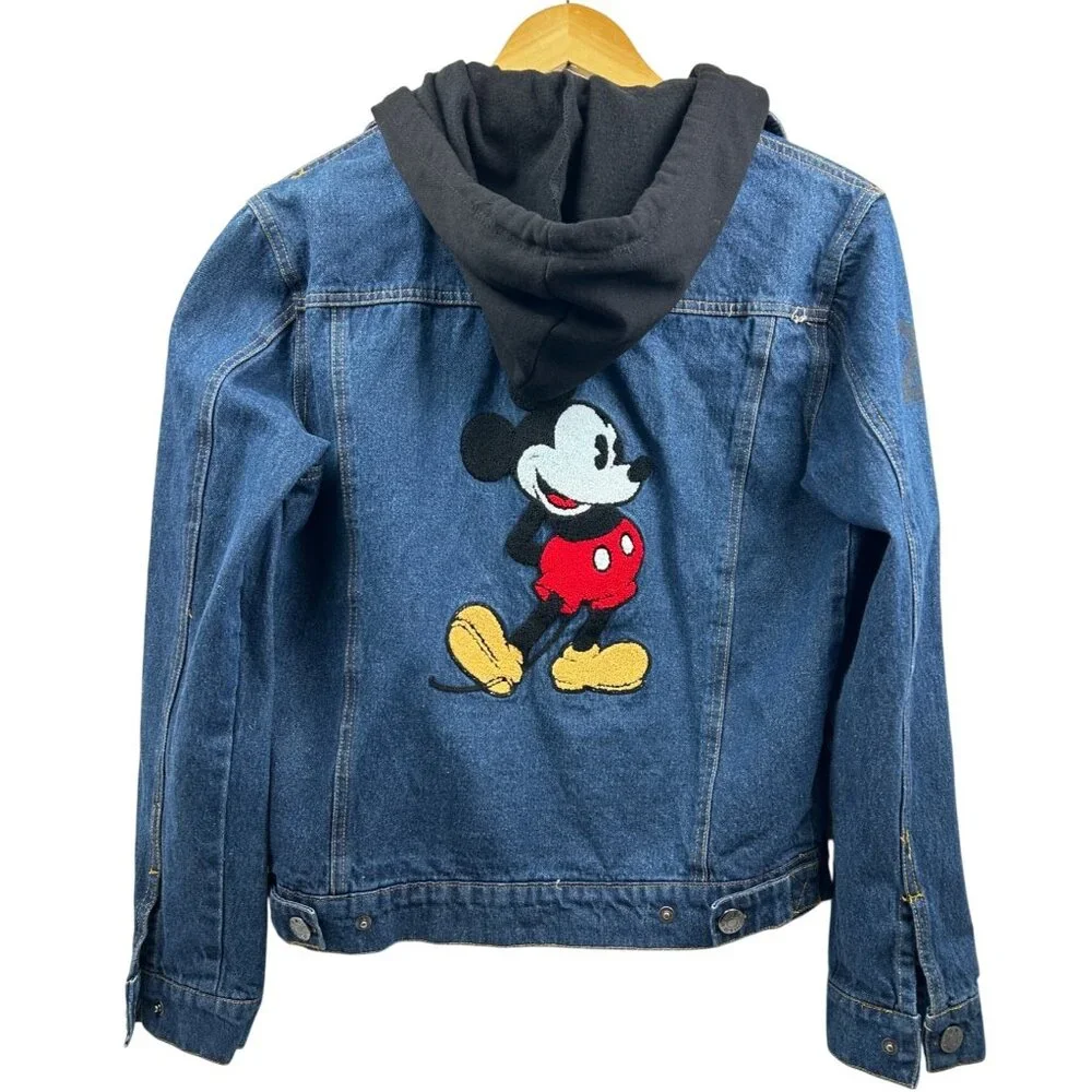 Disney‎ Mickey Mouse Jean Jacket Womens XS Blue Denim Hooded Embroidered Patch